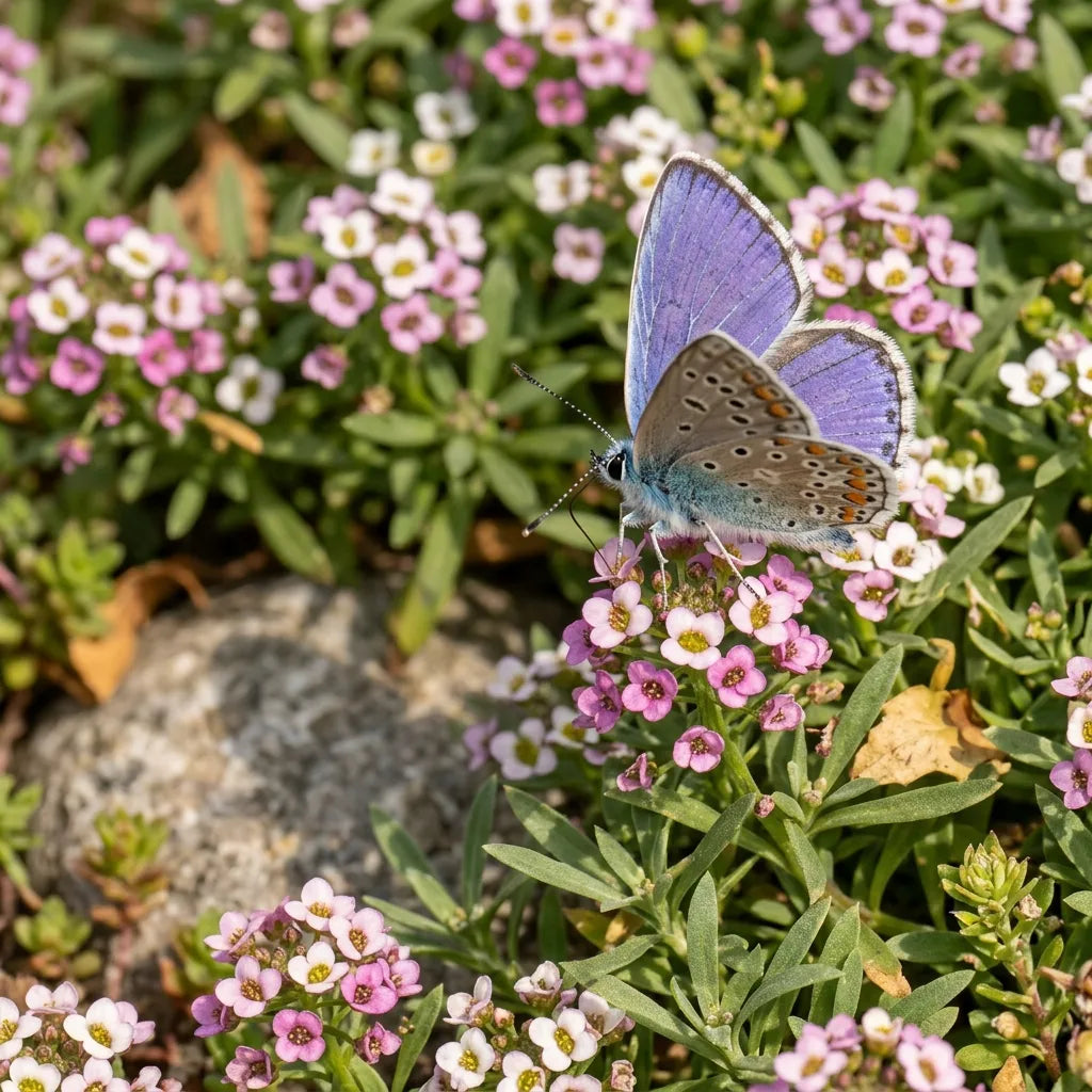Argus bleu posé sur une nappe fleurie d'alysse odorante Rosie O'Day