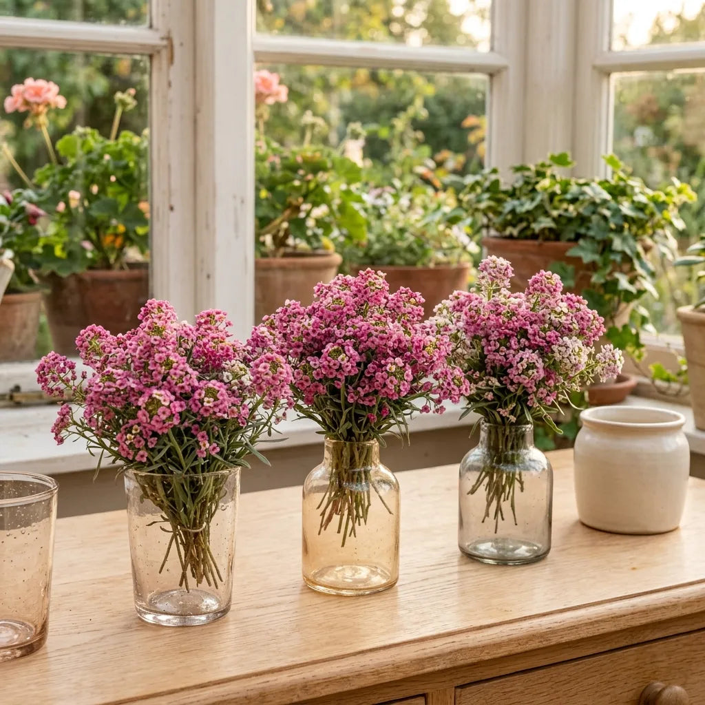 Petits bouquets d'alysse odorante dans des verres soufflés, en véranda