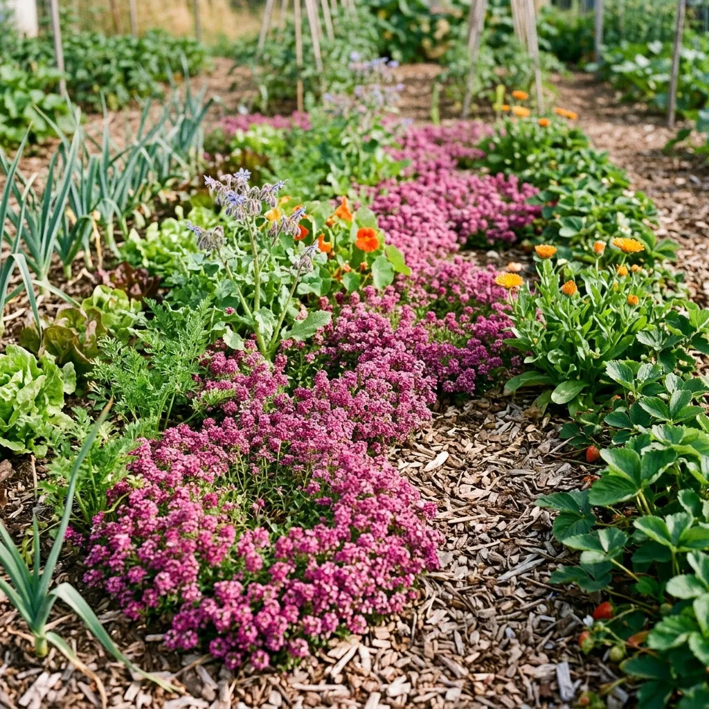Alysse odorante en couvre-sol mellifère entre les rangs d'un potager