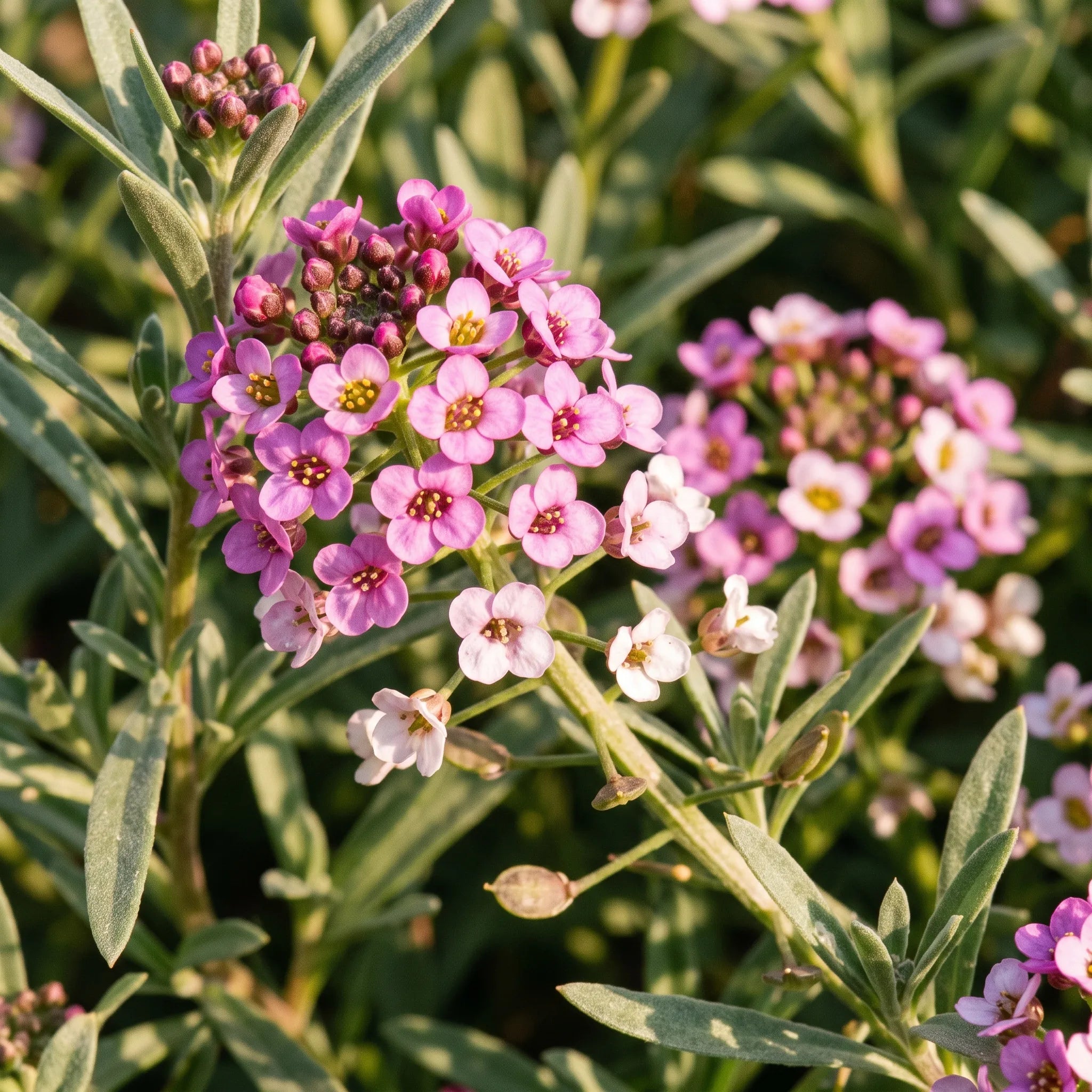 Macro des fleurs à quatre pétales en croix de l'alysse odorante Rosie O'Day