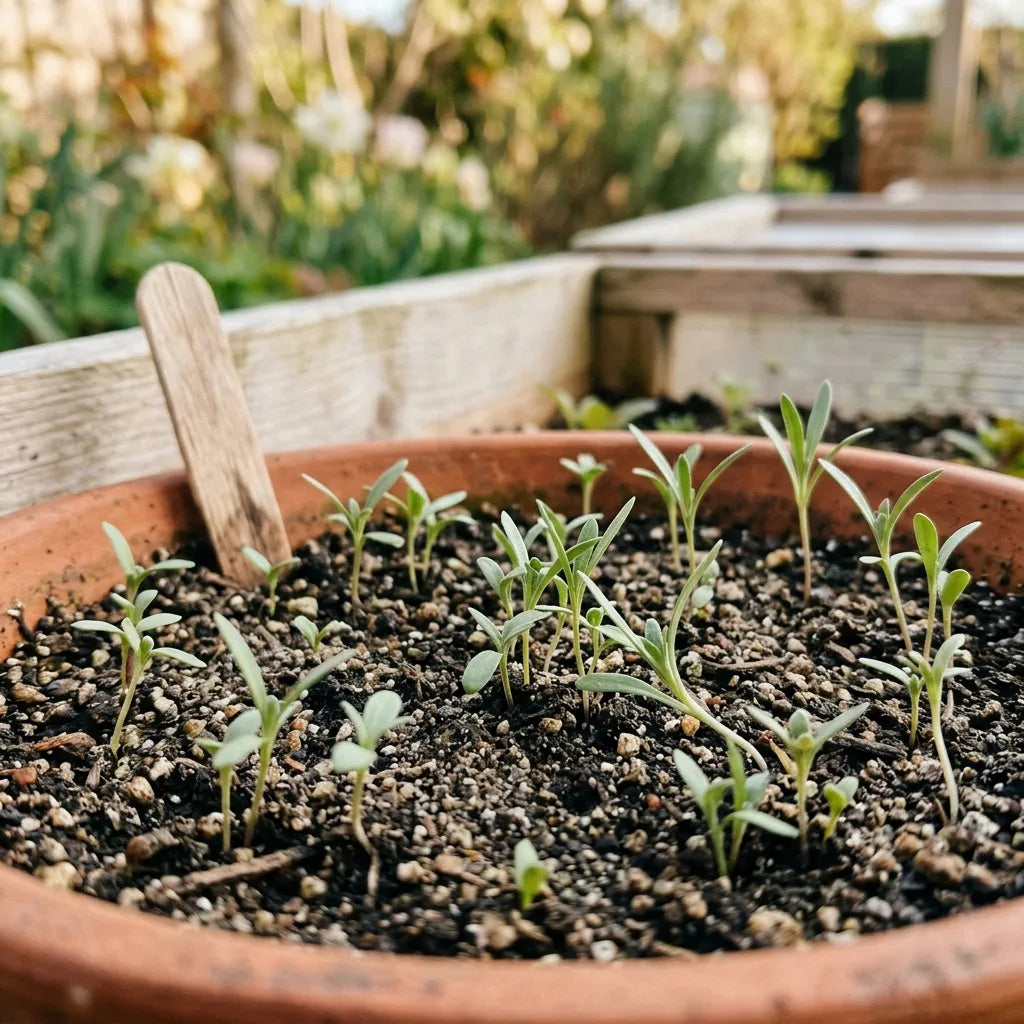 Jeunes plantules d'alysse odorante en terrine de semis sous châssis