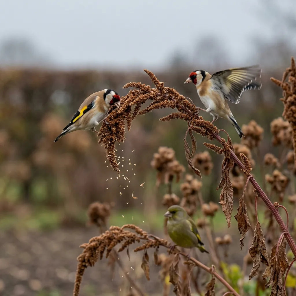 Chardonnerets se nourrissant des épis d'amarante laissés sur pied en automne — SemiSauvage