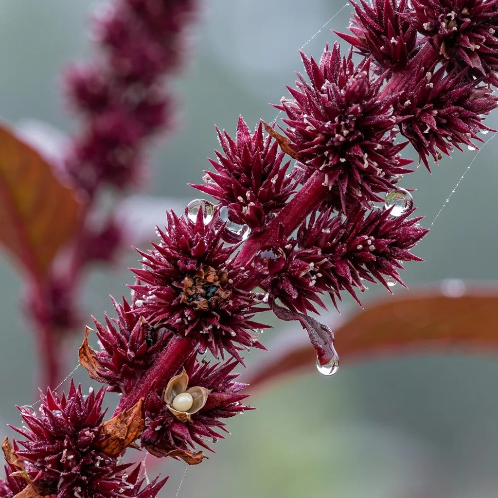 Macro d'un épi d'amarante pourpre couvert de rosée — SemiSauvage
