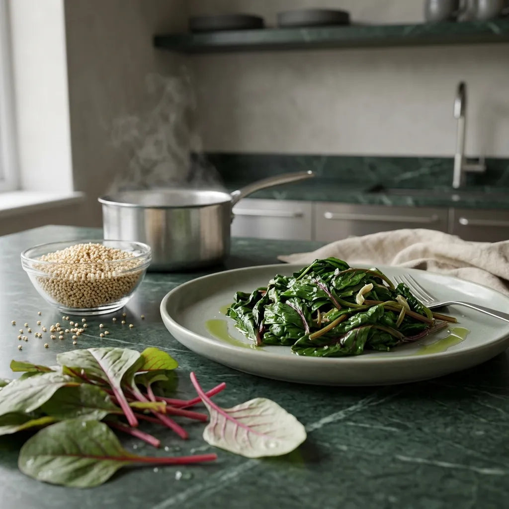Feuilles d'amarante blanchies et graines soufflées en cuisine — SemiSauvage