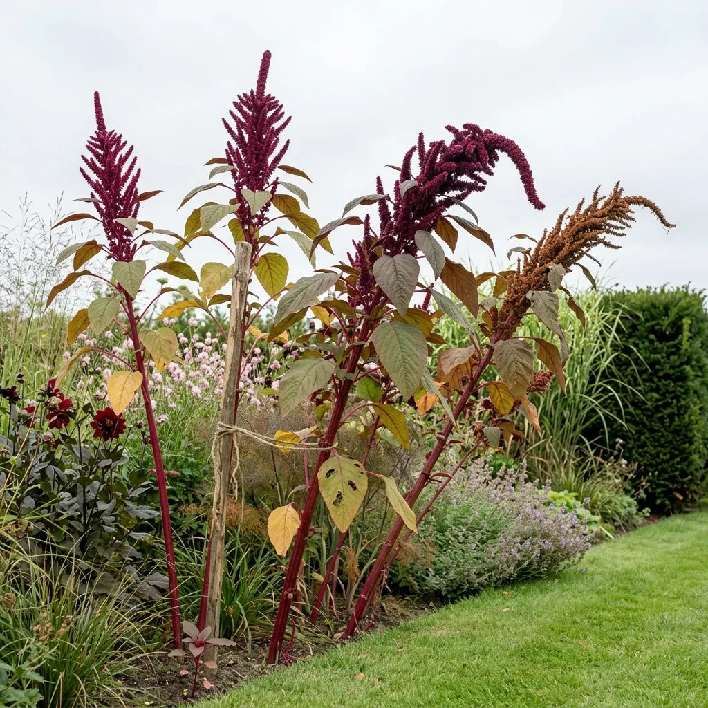 Amarantes rouges en fond de massif dans un jardin contemporain — SemiSauvage
