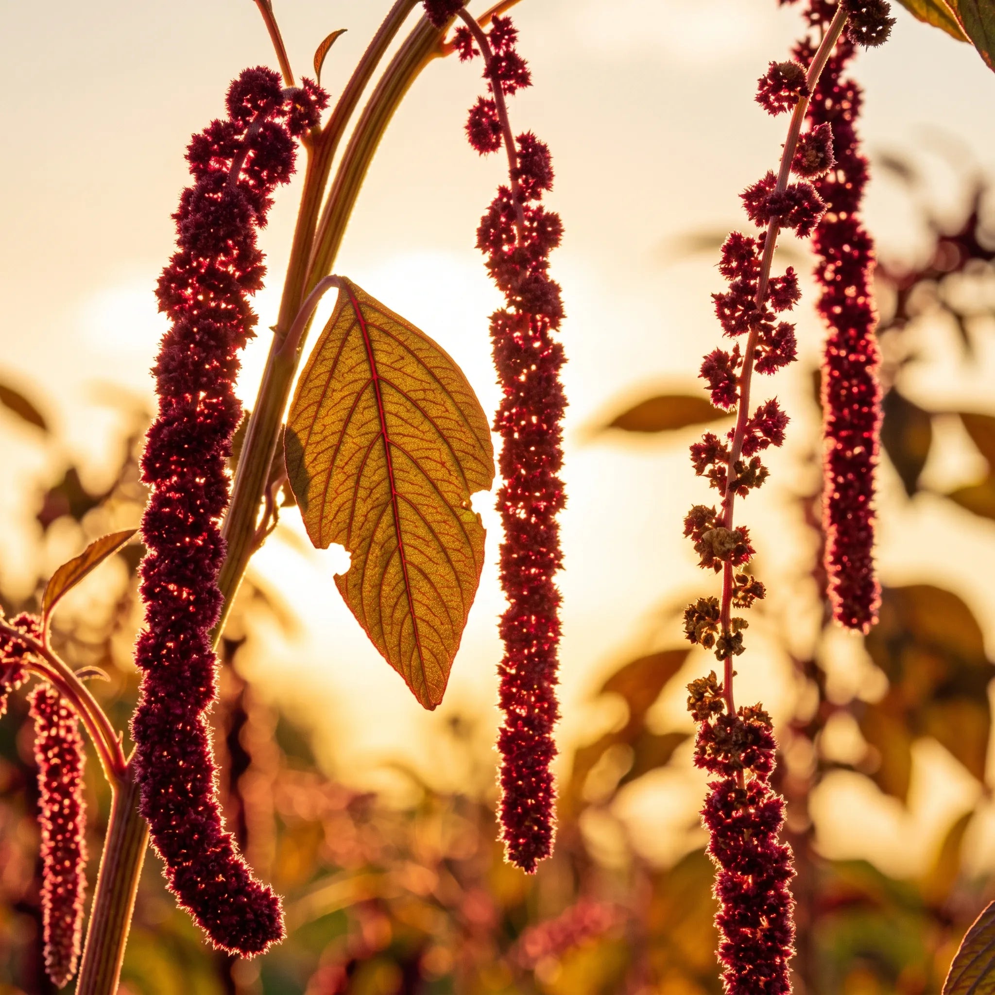 Grappes d'amarante à contre-jour, rouge rubis lumineux au soleil couchant