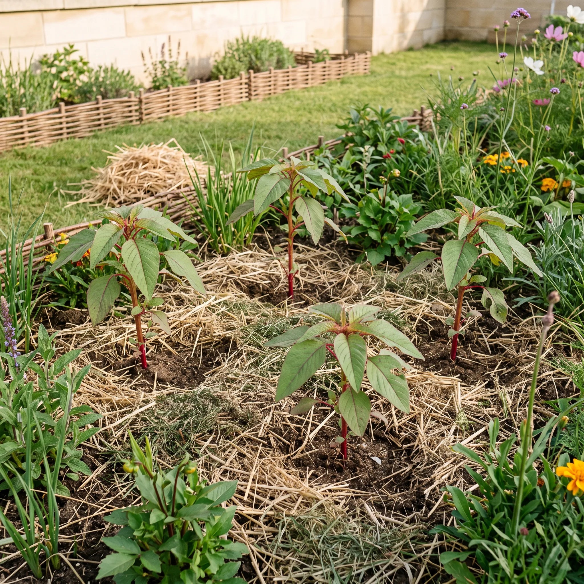 Jeunes plants d'amarante repiqués en fond de massif sur sol paillé