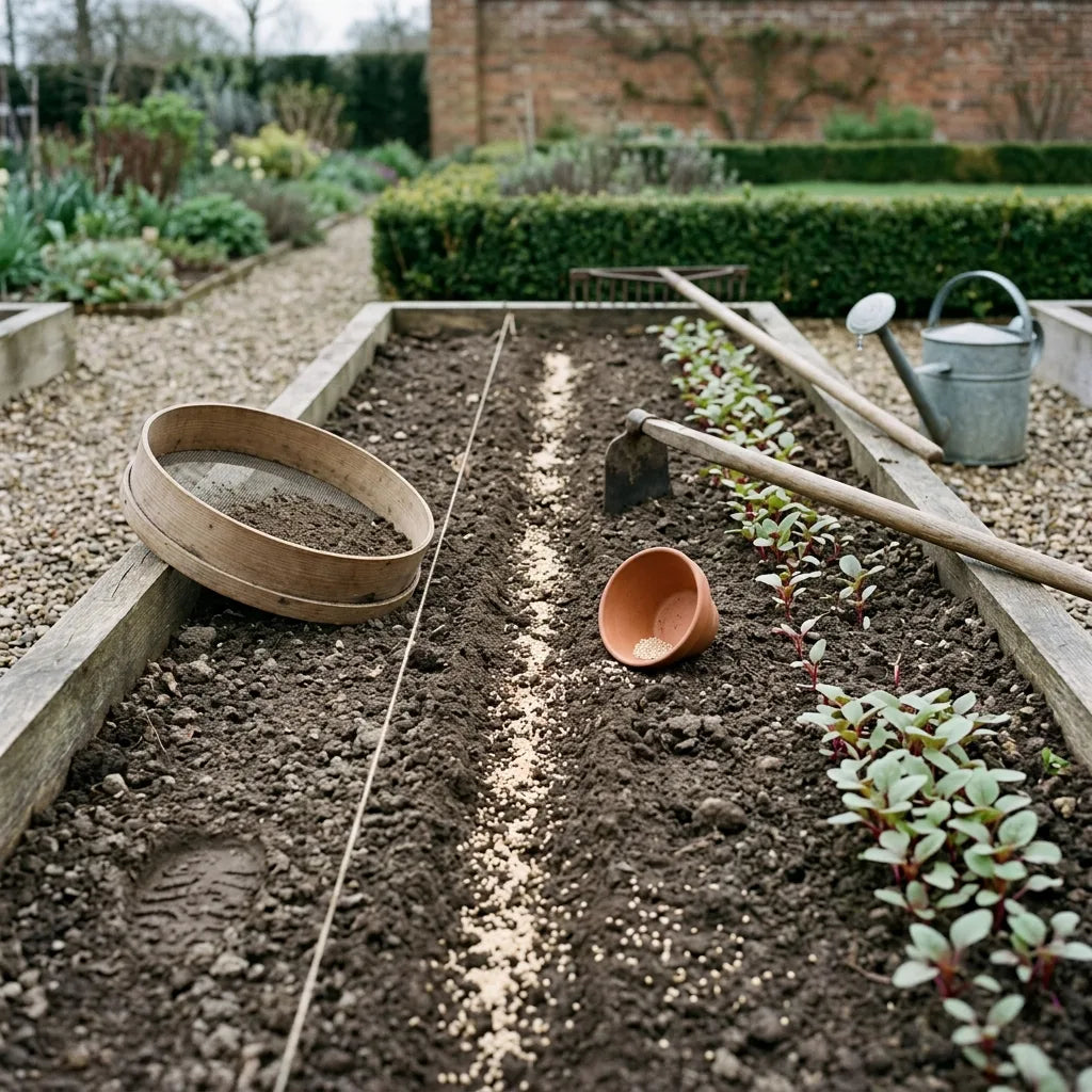 Semis d'amarante en ligne au potager et jeunes plantules à tige rouge — SemiSauvage