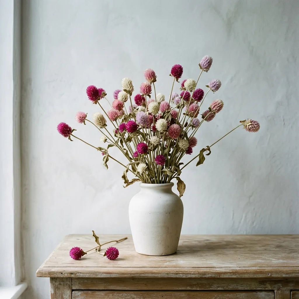 Bouquet sec d'amarantines globuleuses dans un vase de céramique — SemiSauvage