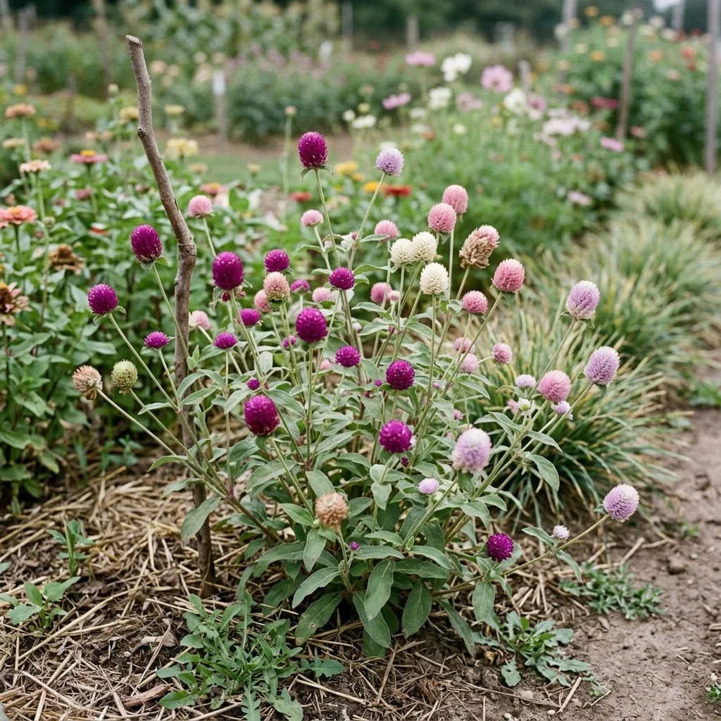 Touffe d'amarantines globuleuses en fleurs dans un jardin de fleurs à couper — SemiSauvage