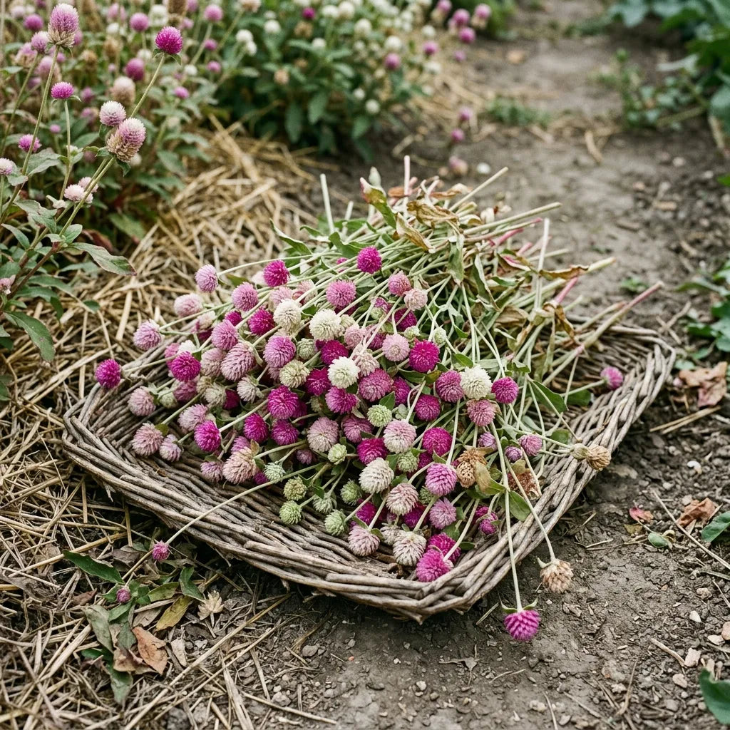 Brassée d'amarantines fraîchement coupées dans une corbeille d'osier au potager — SemiSauvage
