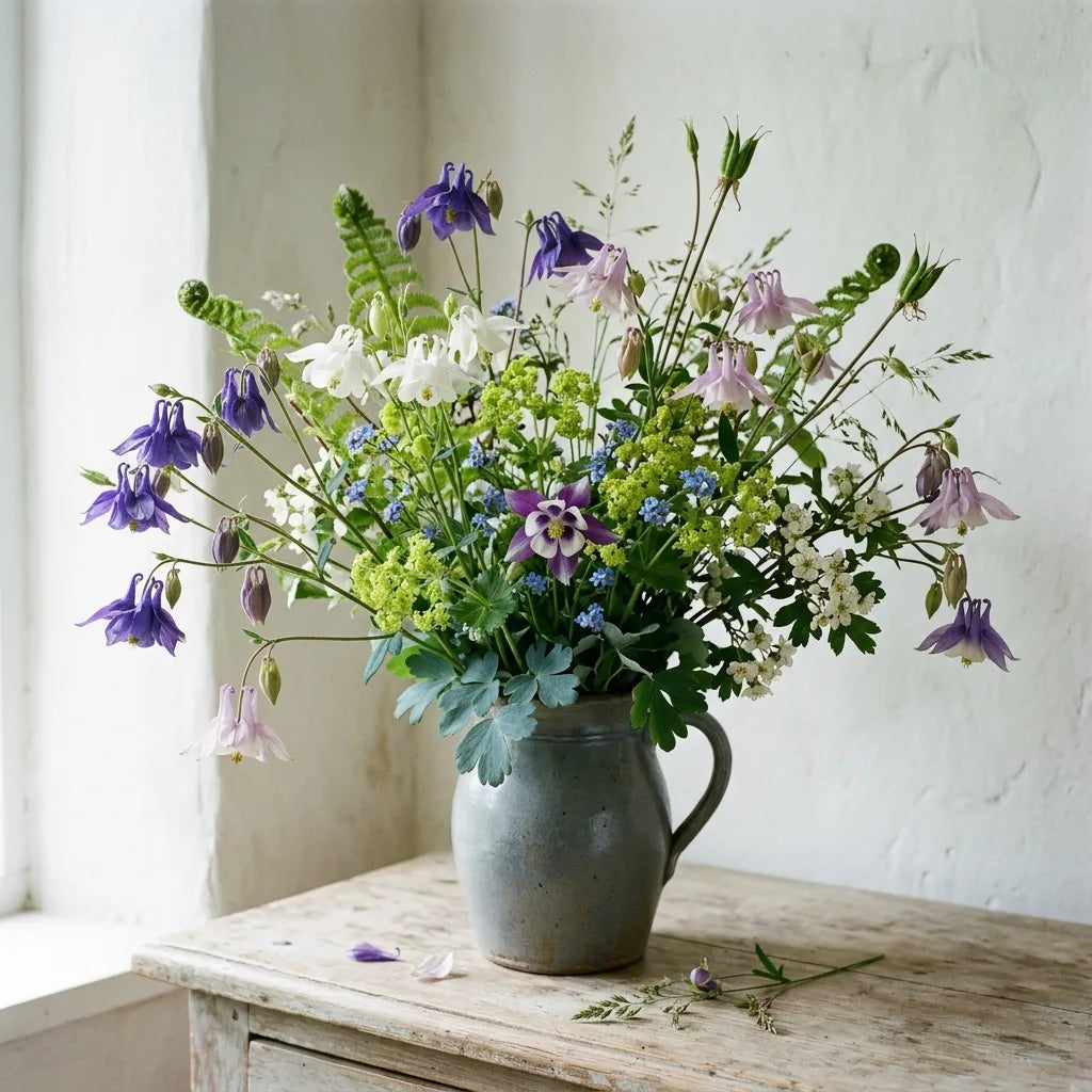 Bouquet champêtre d'ancolies, fougères, alchémille et myosotis dans un pichet de grès — SemiSauvage