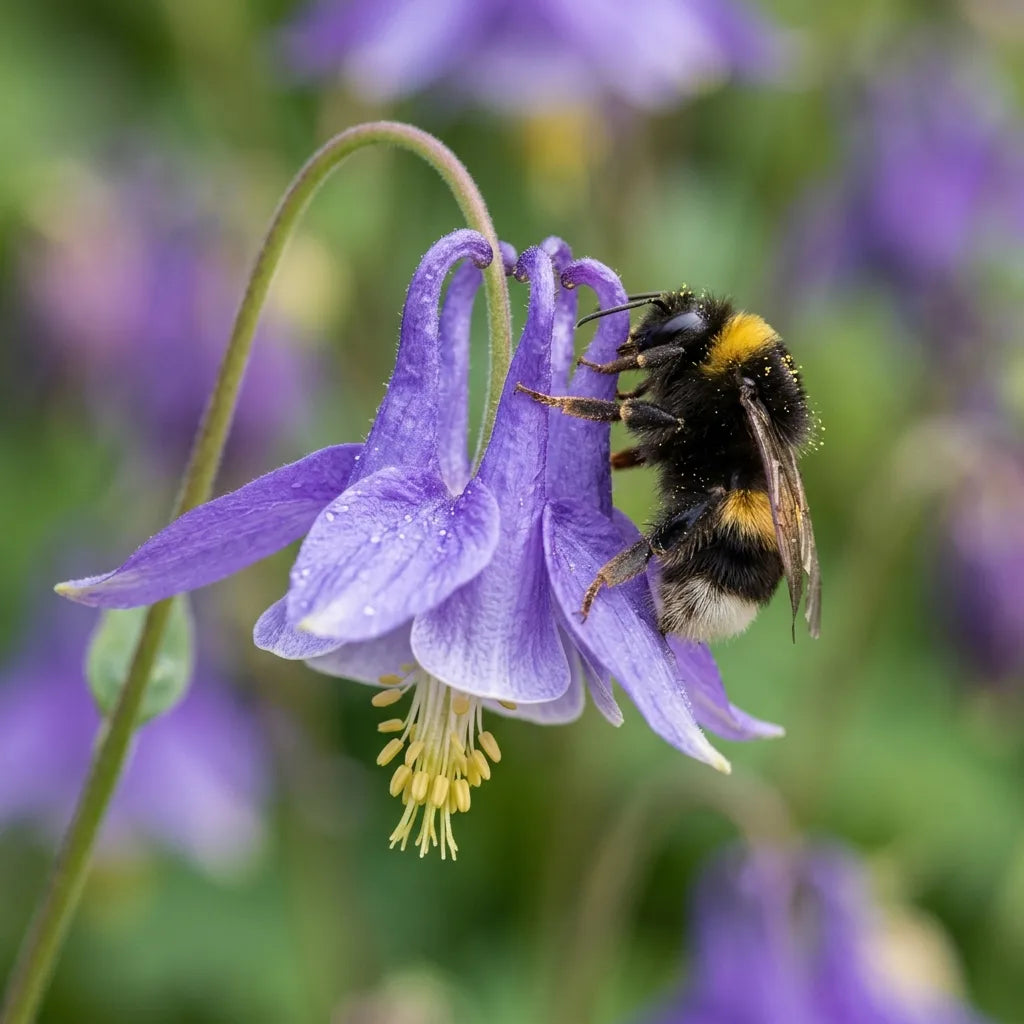 Bourdon accroché aux éperons d'une ancolie pour atteindre le nectar — SemiSauvage