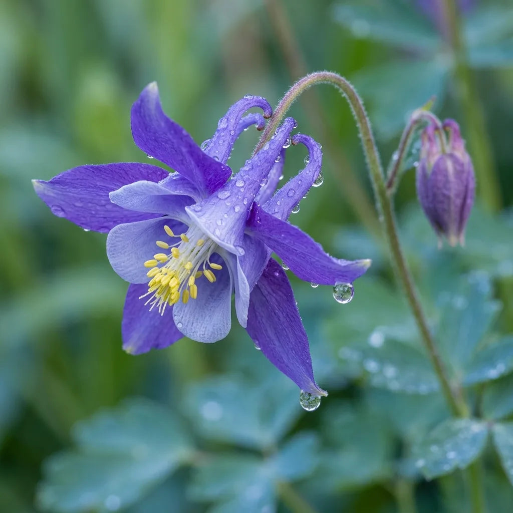 Fleur d'ancolie sous la rosée, éperons recourbés en crochet, macro — SemiSauvage