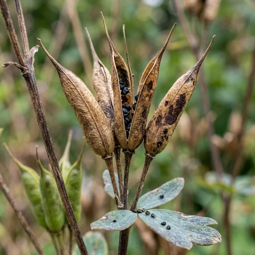 Follicules dressés et fendus de l'ancolie libérant leurs graines noires — SemiSauvage