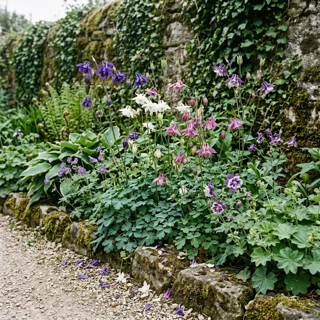 Ancolies en massif mi-ombragé de jardin d'agrément au printemps — SemiSauvage
