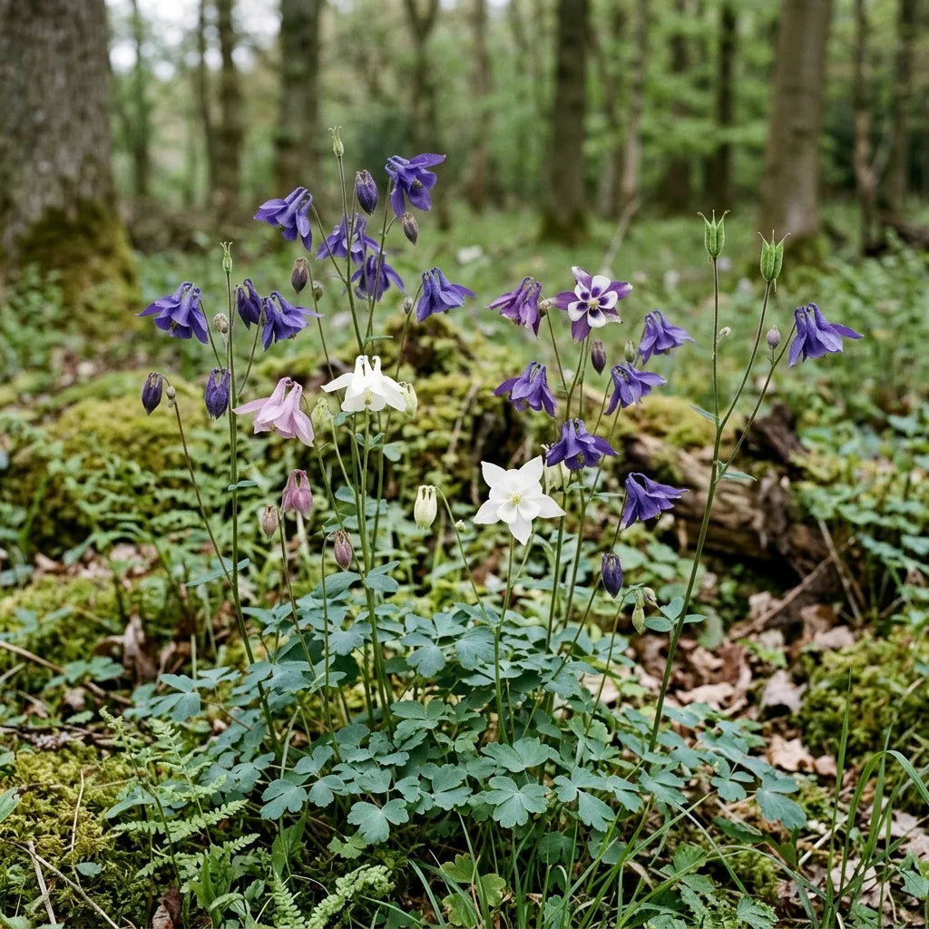 Ancolies naturalisées en lisière de sous-bois, coloris mêlés — SemiSauvage