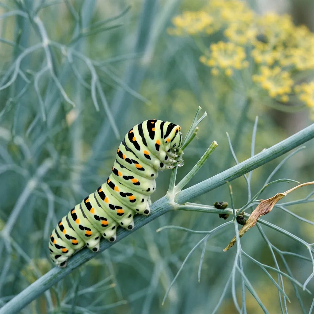 Chenille de Machaon verte à bandes noires ponctuées d'orange, broutant le feuillage d'un pied d'aneth — SemiSauvage