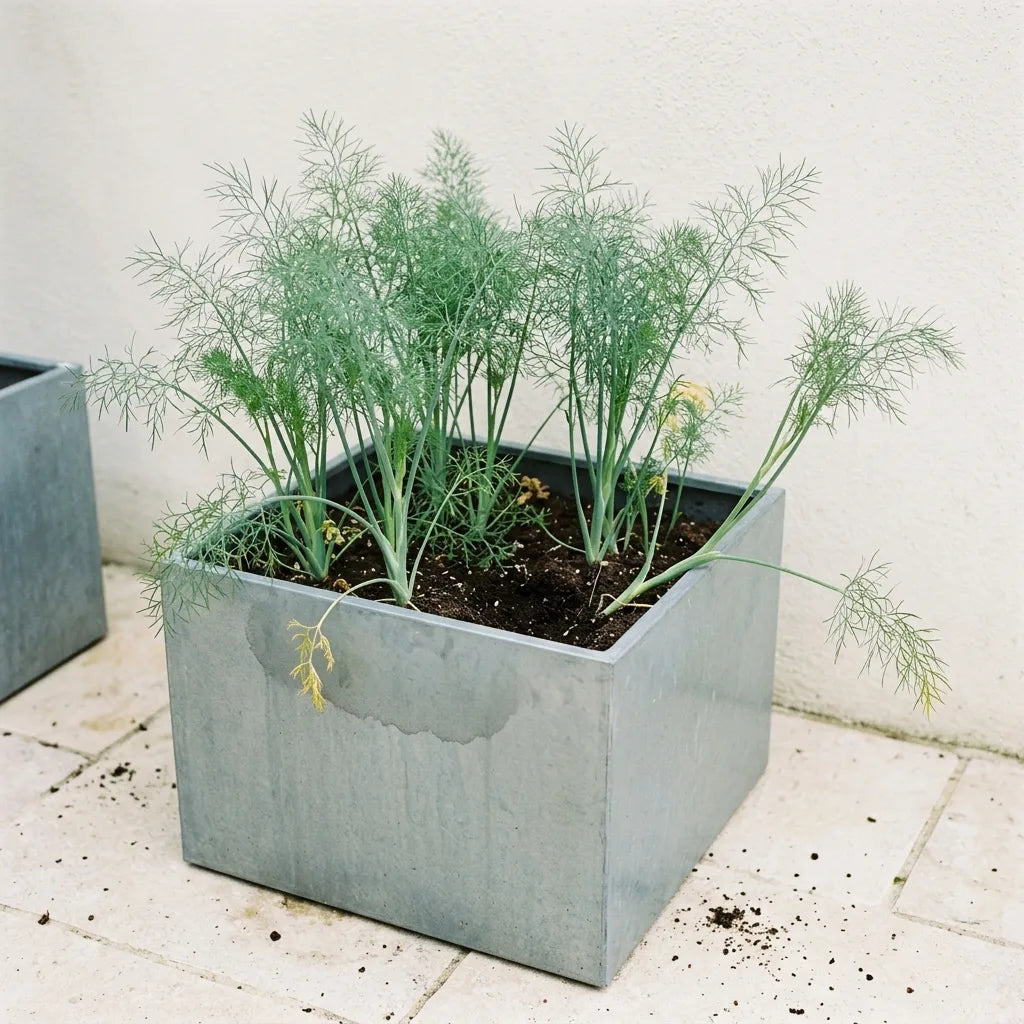 Aneth semé en jardinière de zinc sur une terrasse, feuillage plumeux vert bleuté avant floraison — SemiSauvage