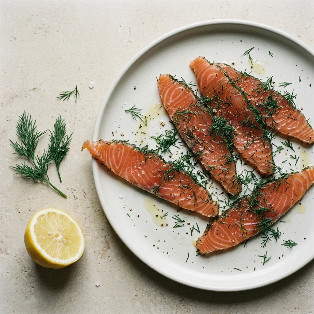 Gravlax de saumon mariné à l'aneth frais, fleur de sel et citron, dans une assiette de grès émaillé mat — SemiSauvage