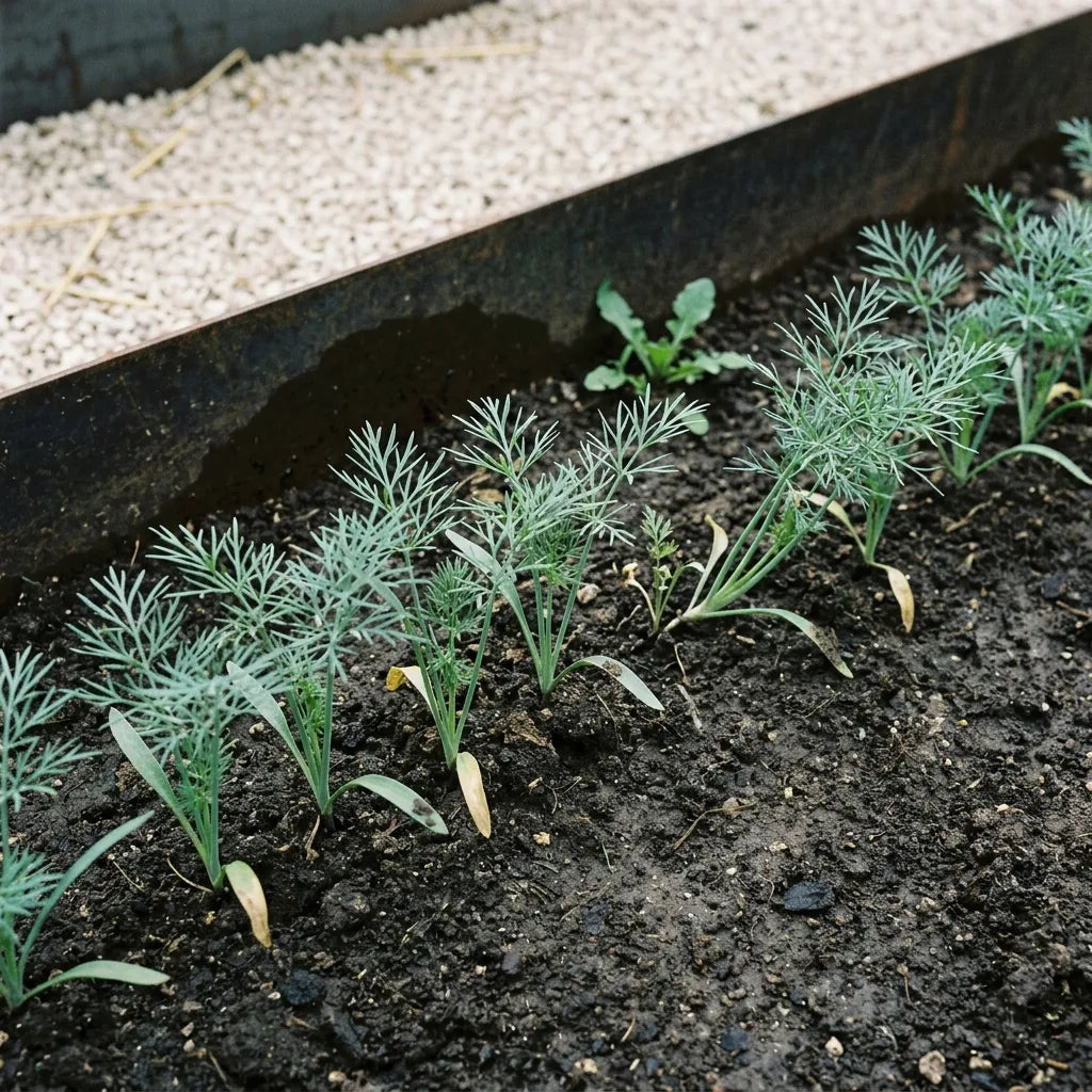 Jeunes plants d'aneth issus d'un semis direct en place, cotylédons linéaires et premières feuilles filiformes — SemiSauvage