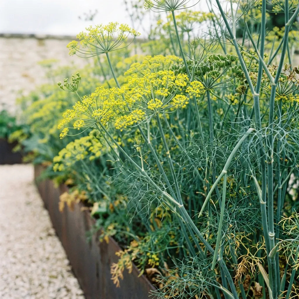 Rang d'aneth en pleine floraison au potager, larges ombelles jaunes et tiges creuses vert bleuté — SemiSauvage