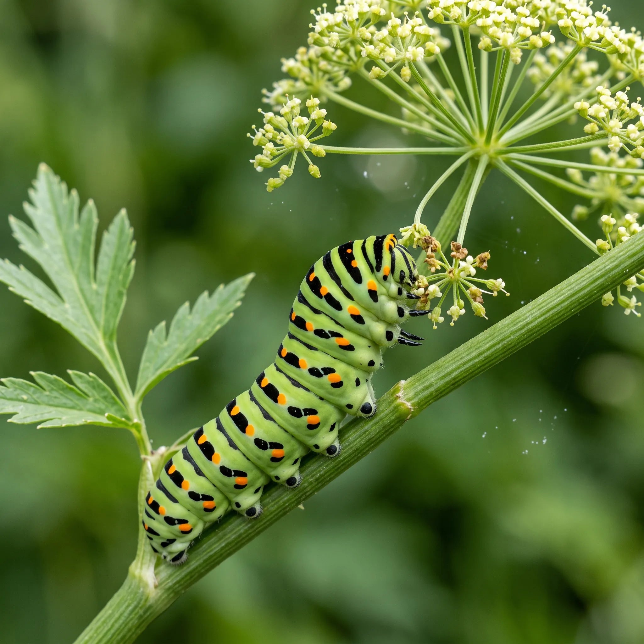 Chenille de Machaon verte a bandes noires et points orange sur une tige d angelique officinale