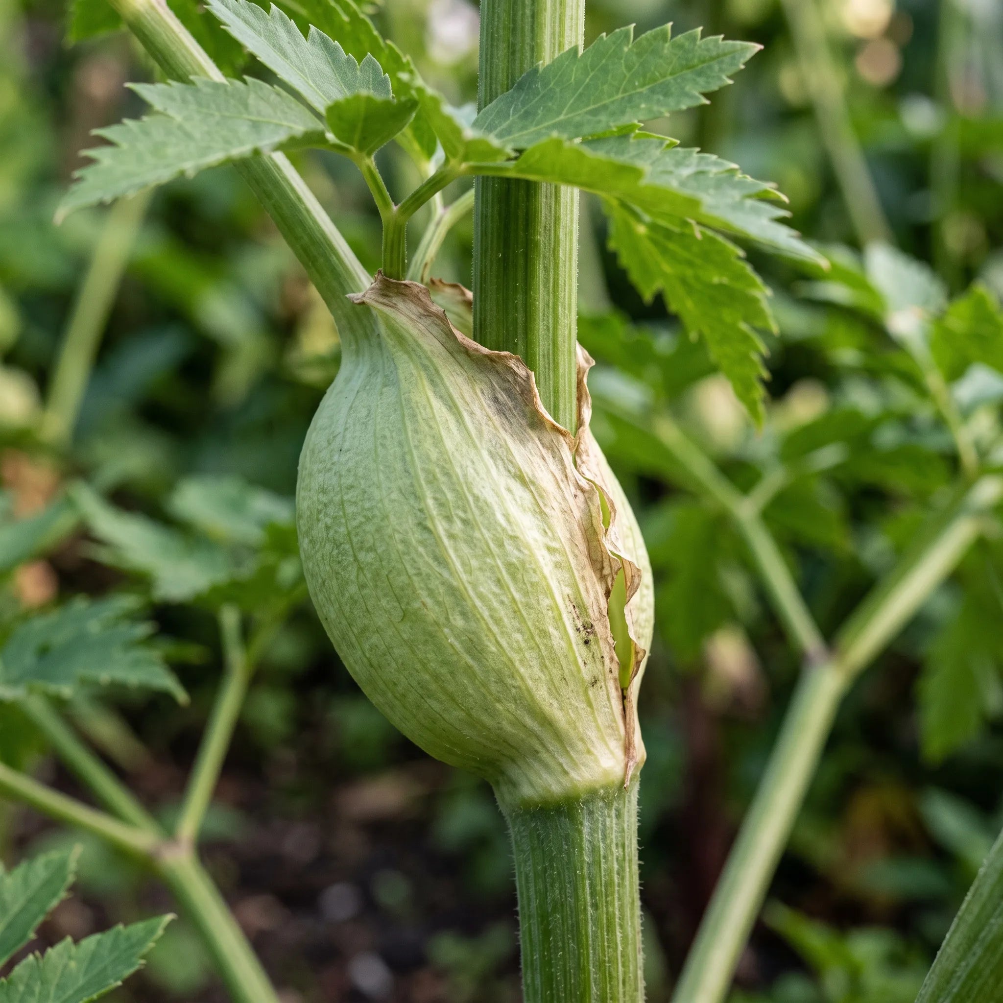 Gaine renflee a la base du petiole de l angelique officinale sur tige creuse cannelee, caractere diagnostique