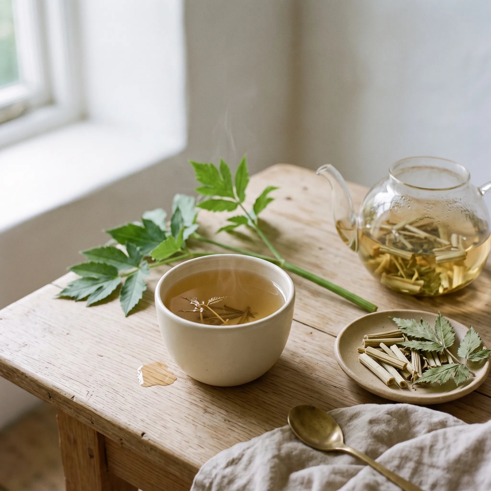 Infusion d angelique officinale ambree dans une tasse de ceramique mate, theiere de verre souffle