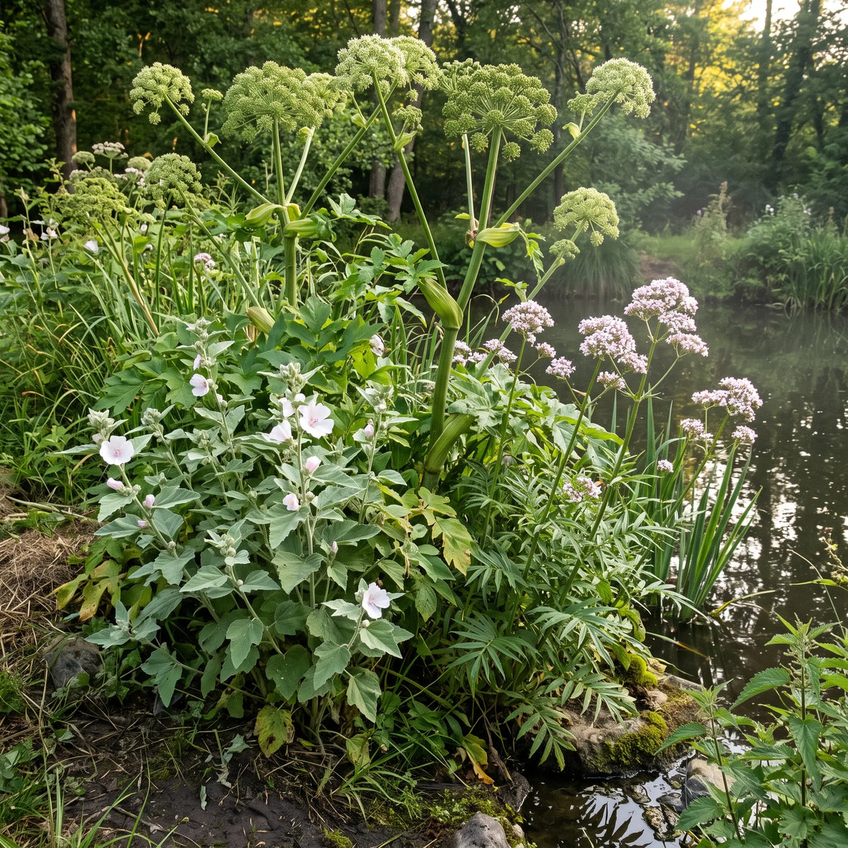 Angelique officinale associee a la guimauve et a la valeriane officinale en massif de vivaces au bord de l eau