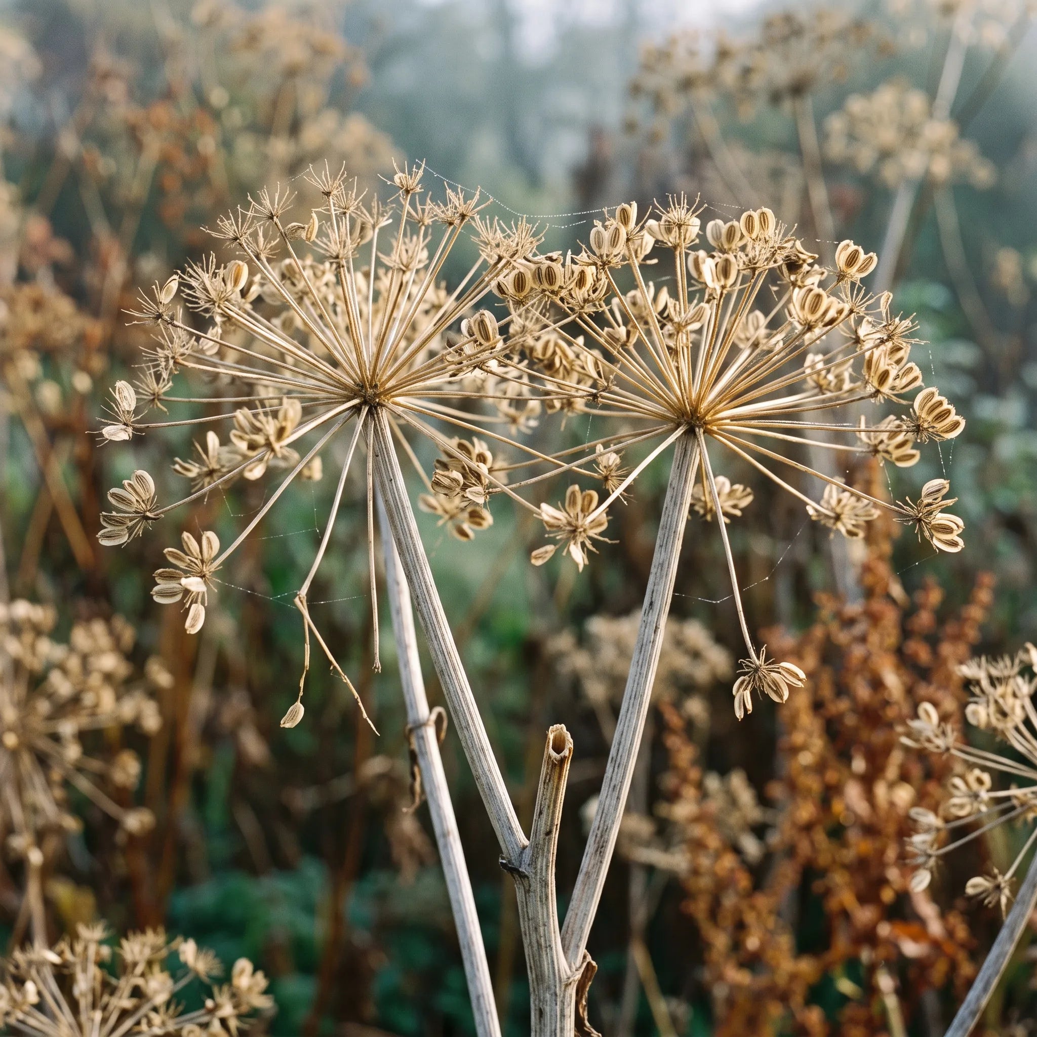 Ombelles seches d angelique officinale en fin de saison, akenes ailes beige et rosee du matin