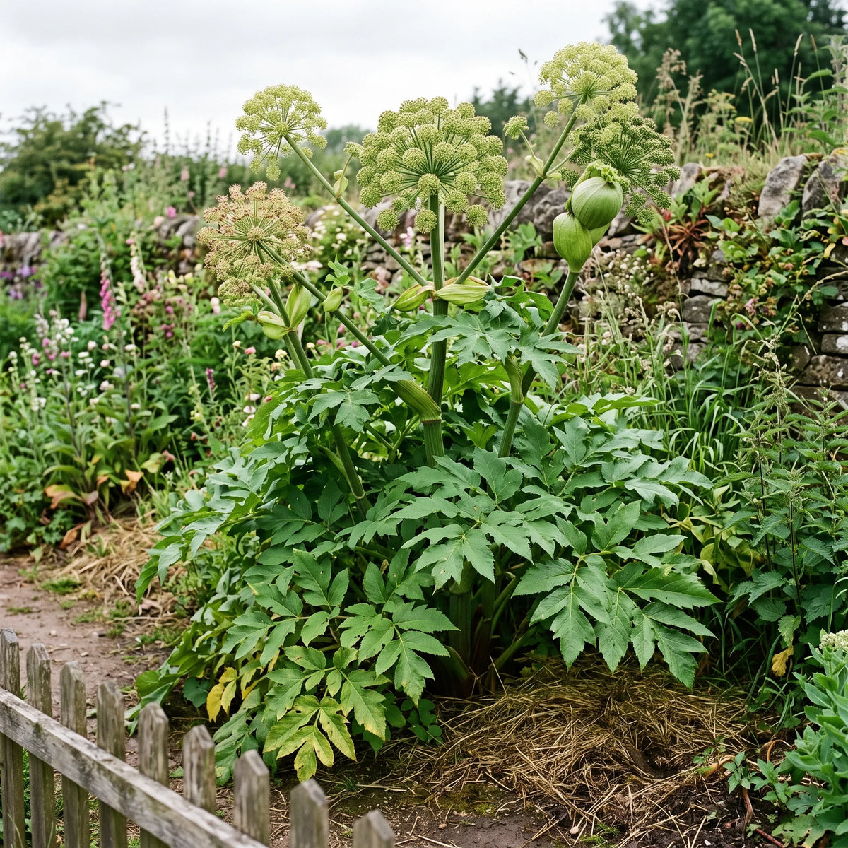 Pied adulte d angelique officinale de plus de deux metres en fond de massif dans un jardin frais
