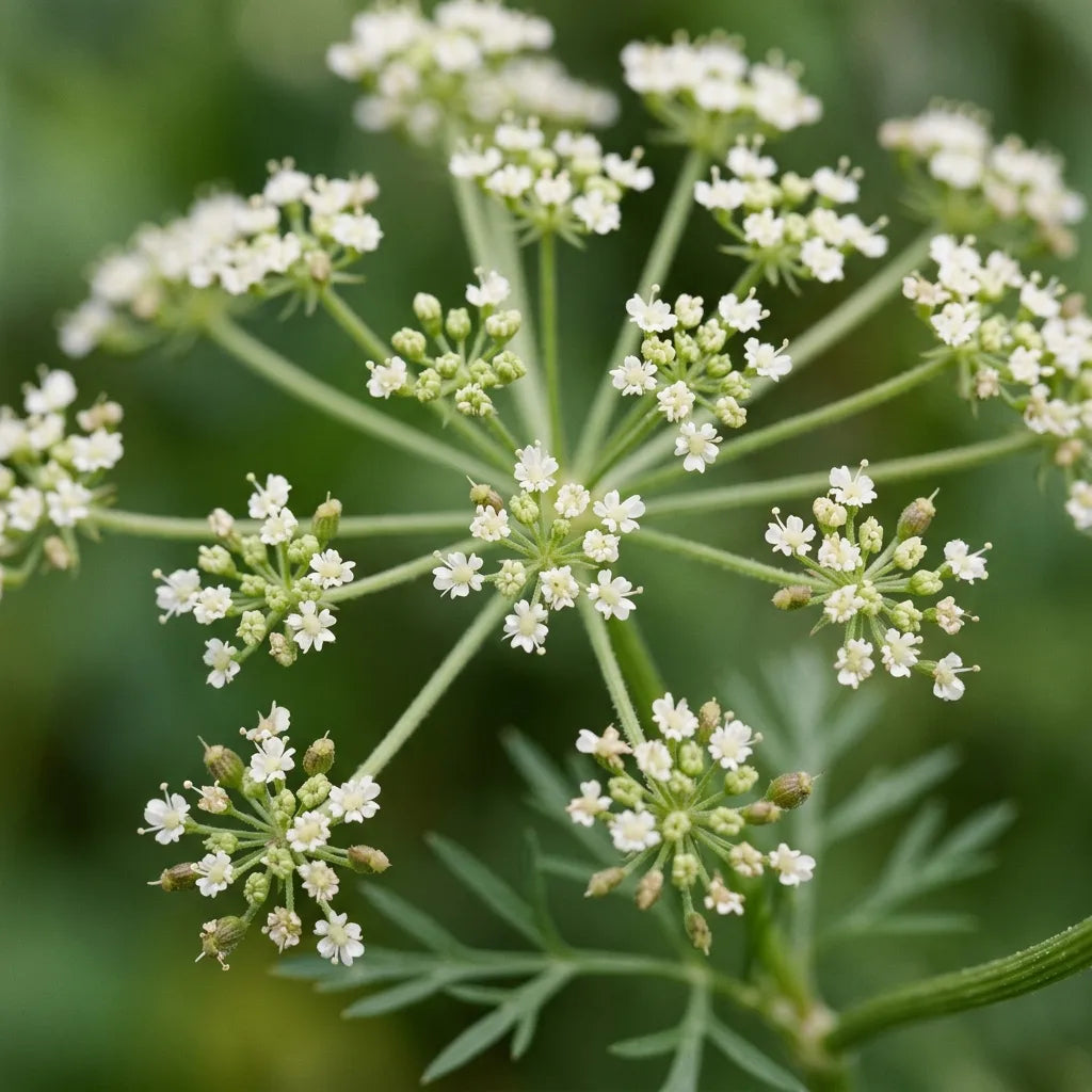 Macro d'une ombelle composée d'anis vert, fleurs blanches à pétales échancrés, détail botanique — SemiSauvage