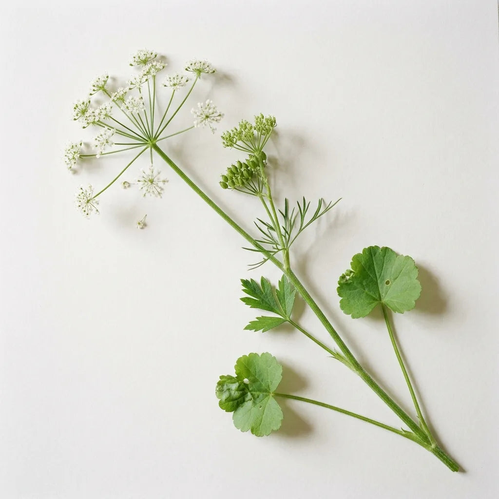 Tige fleurie d'anis vert (Pimpinella anisum), ombelle blanche et feuilles dimorphes, sur fond blanc — SemiSauvage