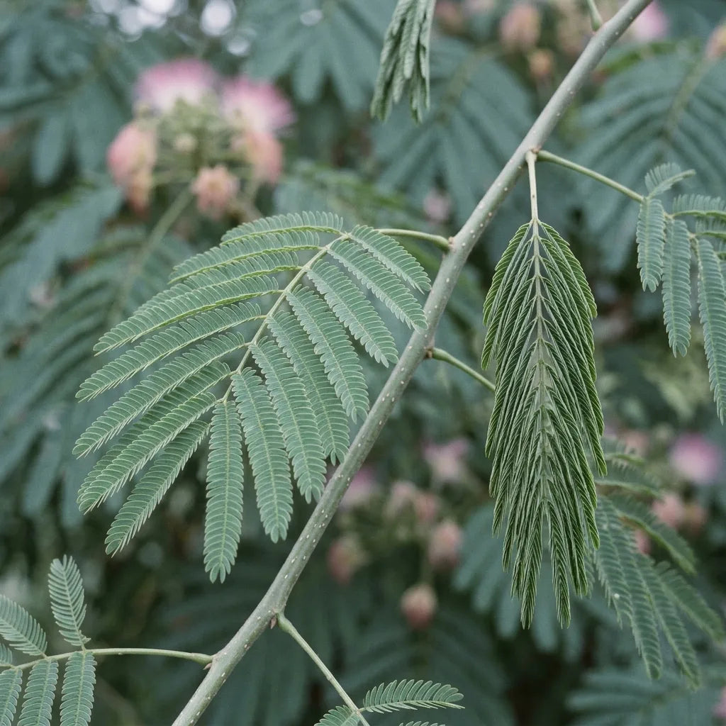 Le sommeil du feuillage de l'Albizia : une feuille bipennée déployée à côté d'une feuille repliée — SemiSauvage