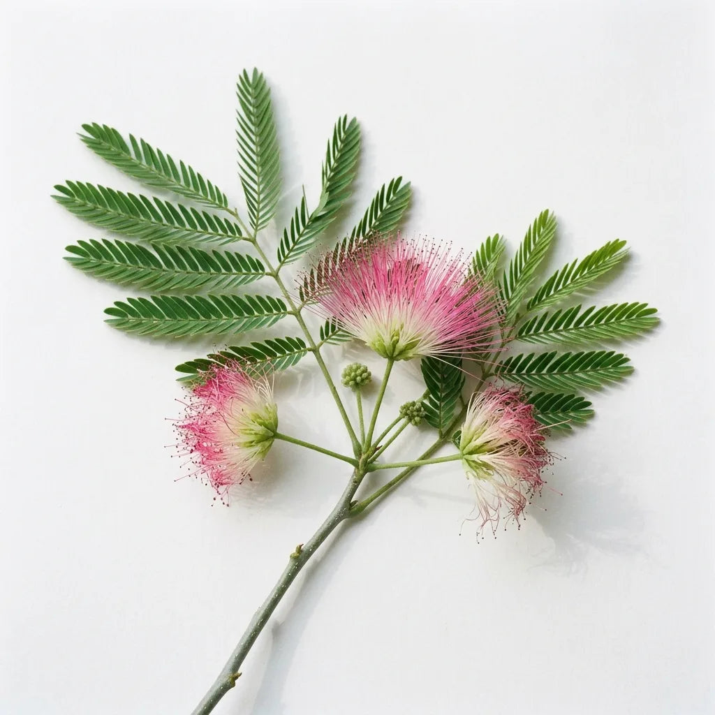 Rameau fleuri d'arbre à soie (Albizia julibrissin) sur fond blanc : pompons roses soyeux et feuille bipennée — SemiSauvage
