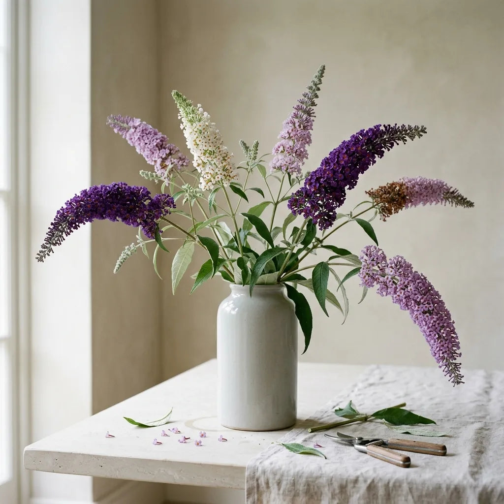 Bouquet de panicules de buddléia coupées, dans un vase de grès — SemiSauvage