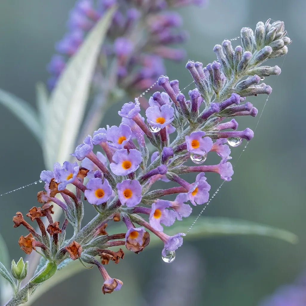 Macro d'une panicule de buddléia à œil orange, couverte de rosée — SemiSauvage