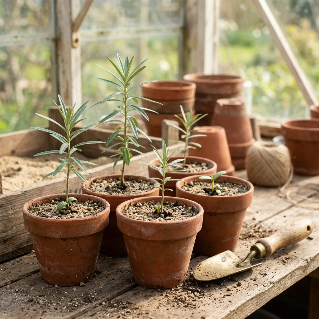 Jeunes plants d'argousier en godets de terre cuite sous châssis — SemiSauvage