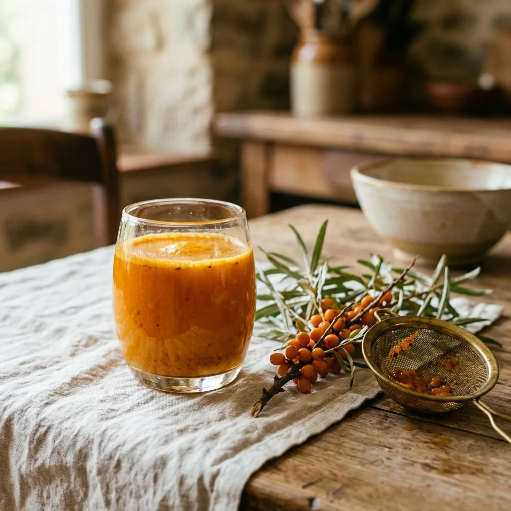 Jus d'argousier non filtré dans un verre soufflé — SemiSauvage