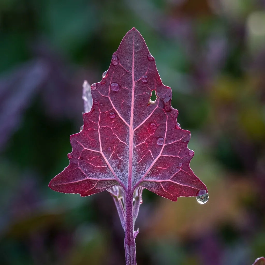 Feuille pourpre d'arroche rouge (Atriplex hortensis var. rubra) couverte de rosée — SemiSauvage