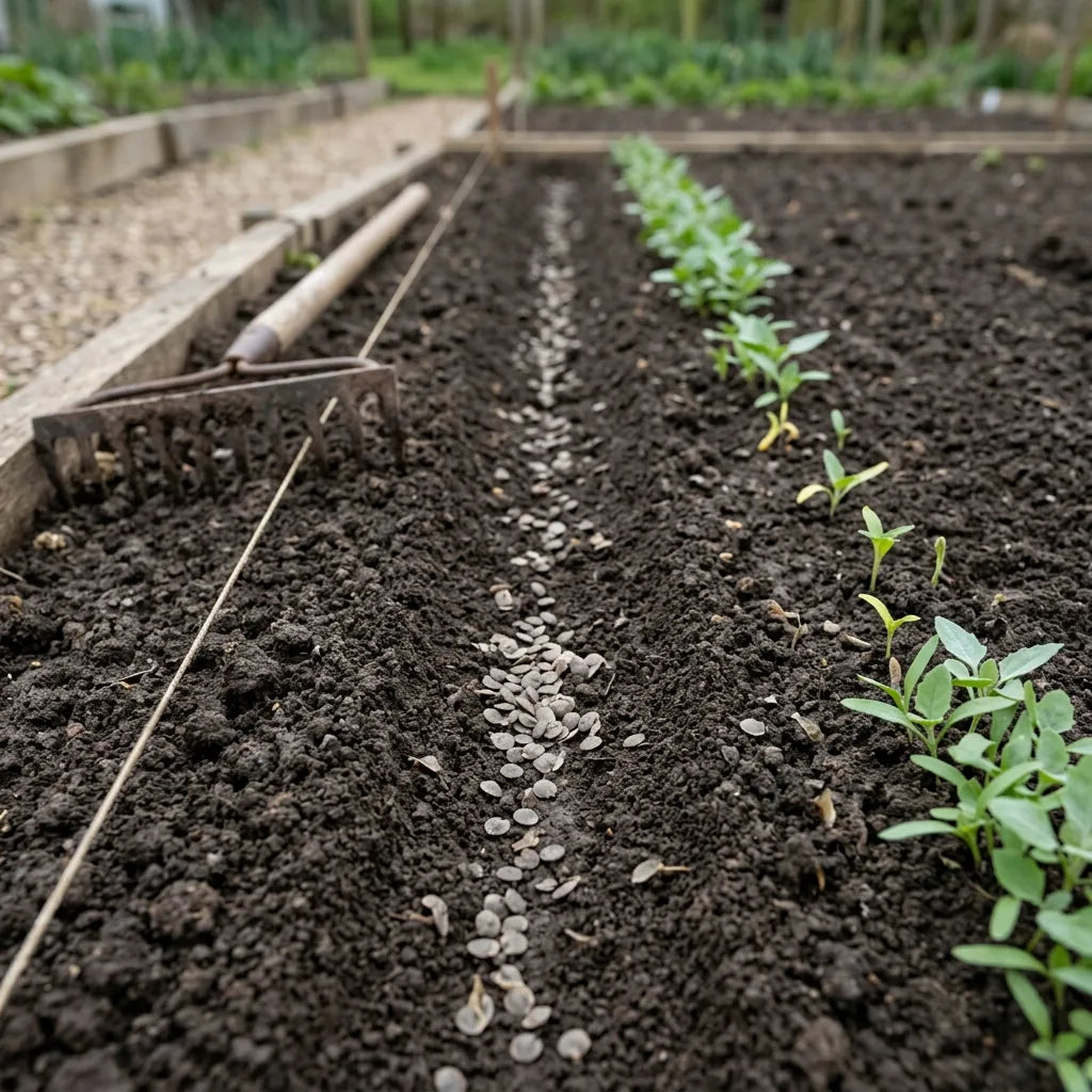 Semis en ligne des graines d'arroche verte et jeunes plantules — SemiSauvage