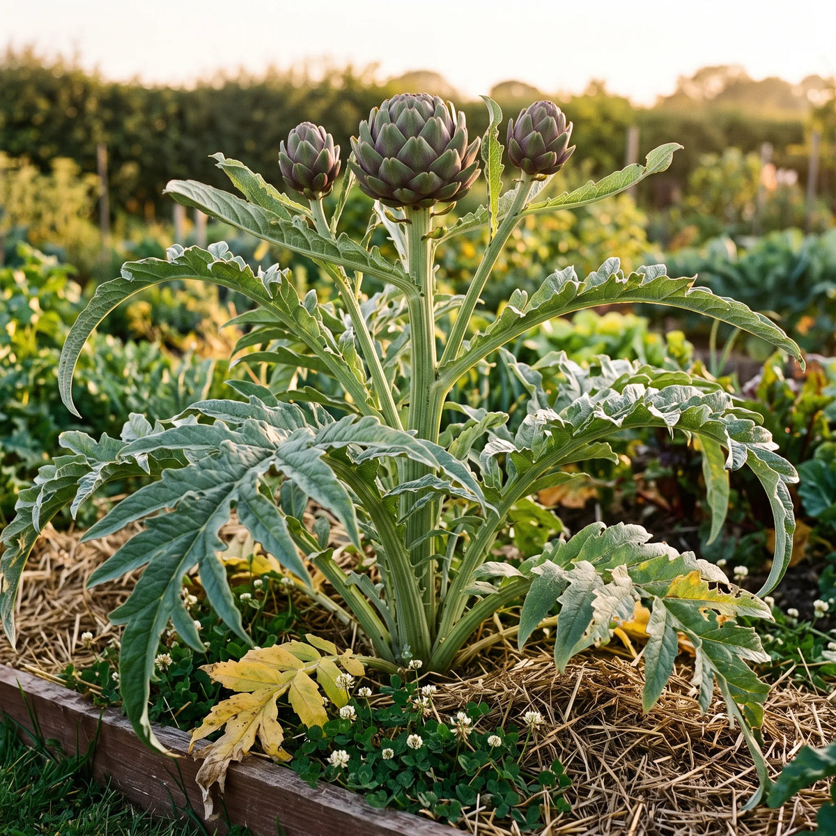 Pied d'artichaut majestueux au potager, feuillage argenté et têtes en formation