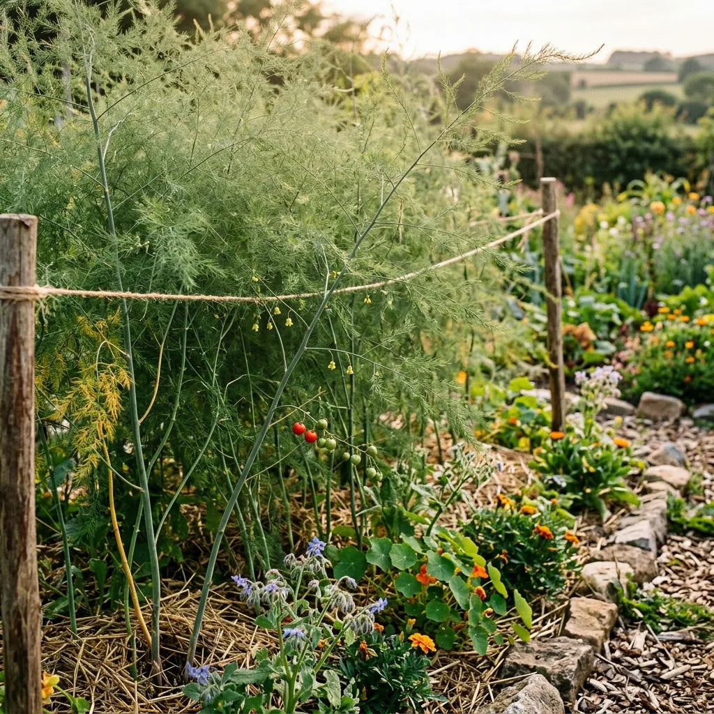 Feuillage plumeux des asperges laissé monter en été — SemiSauvage