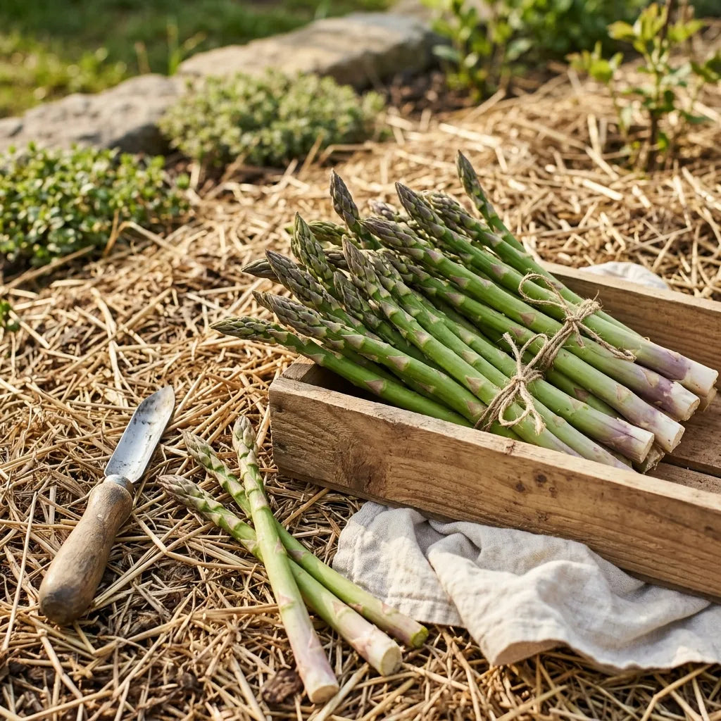 Turions d'asperge verte fraîchement coupés en cagette — SemiSauvage