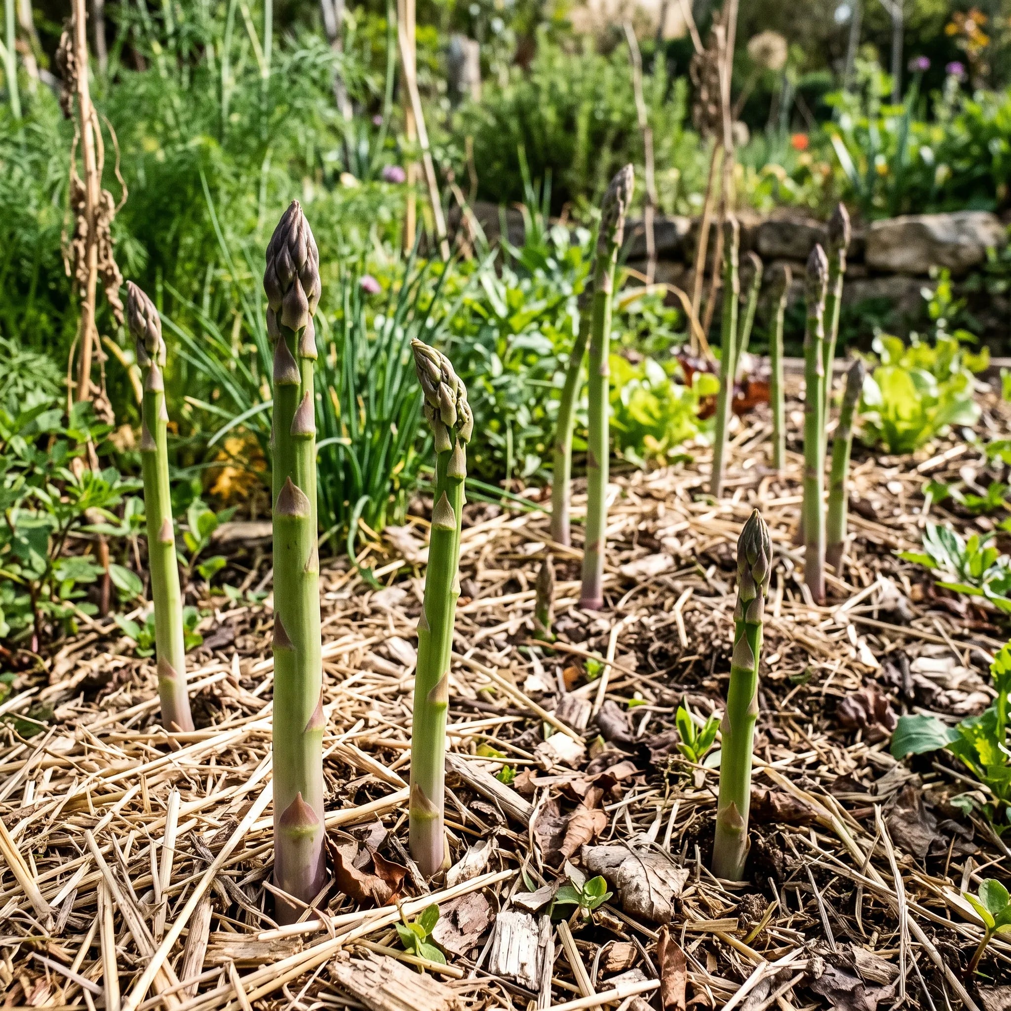 Turions d'asperge verte émergeant d'une planche paillée au potager — SemiSauvage
