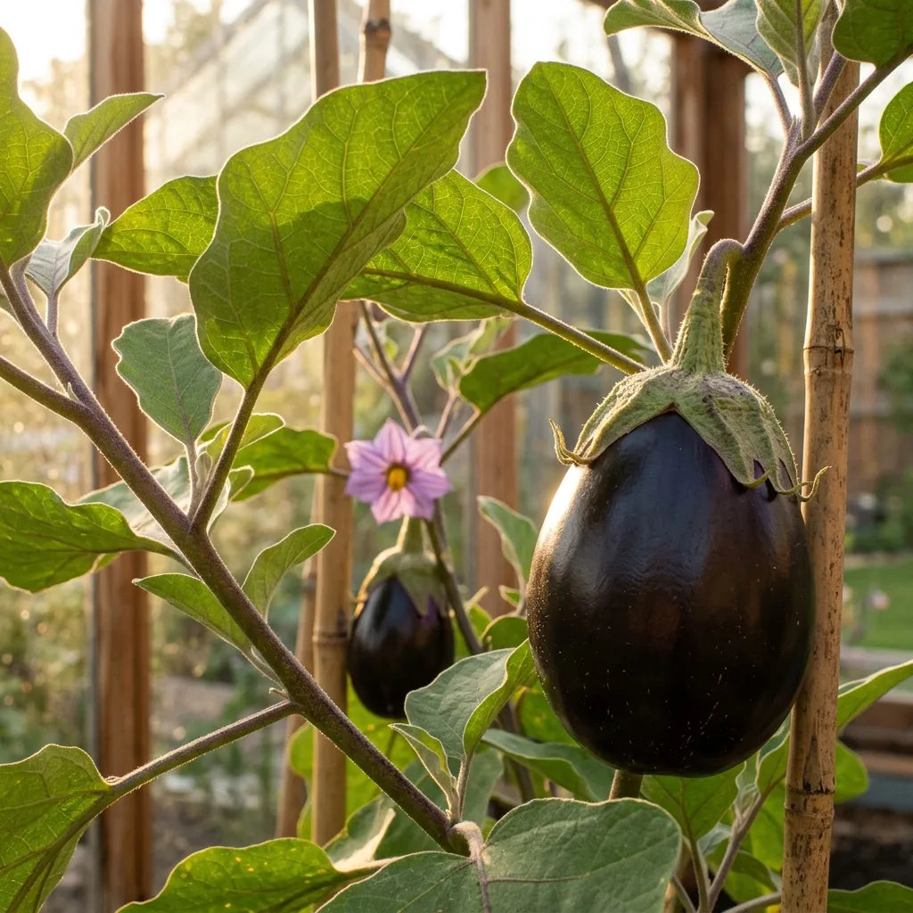 Fruit d'aubergine Black Beauty à contre-jour dans le feuillage de la serre — SemiSauvage