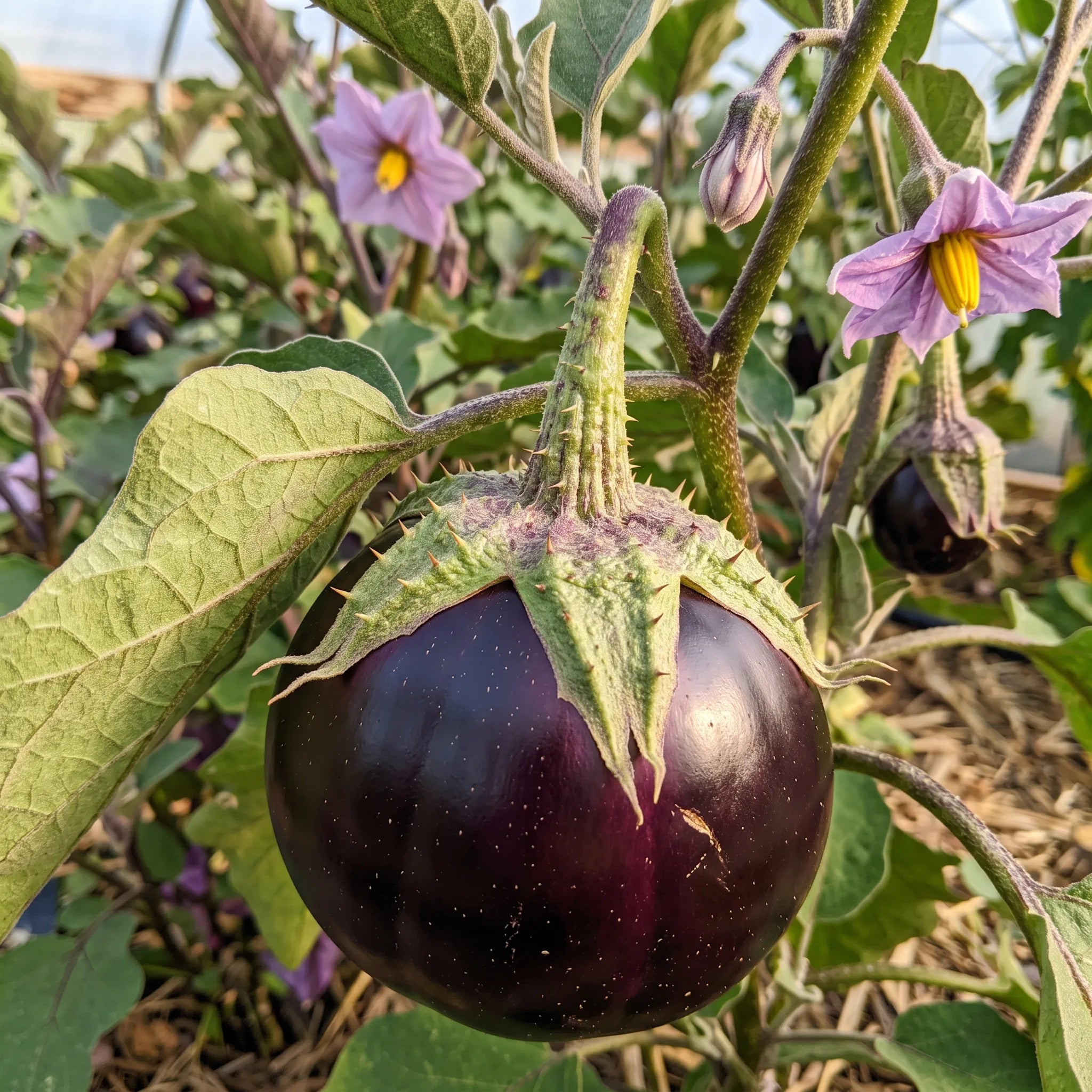 Macro du calice épineux et de la peau violet-noir d'une aubergine Black Beauty — SemiSauvage
