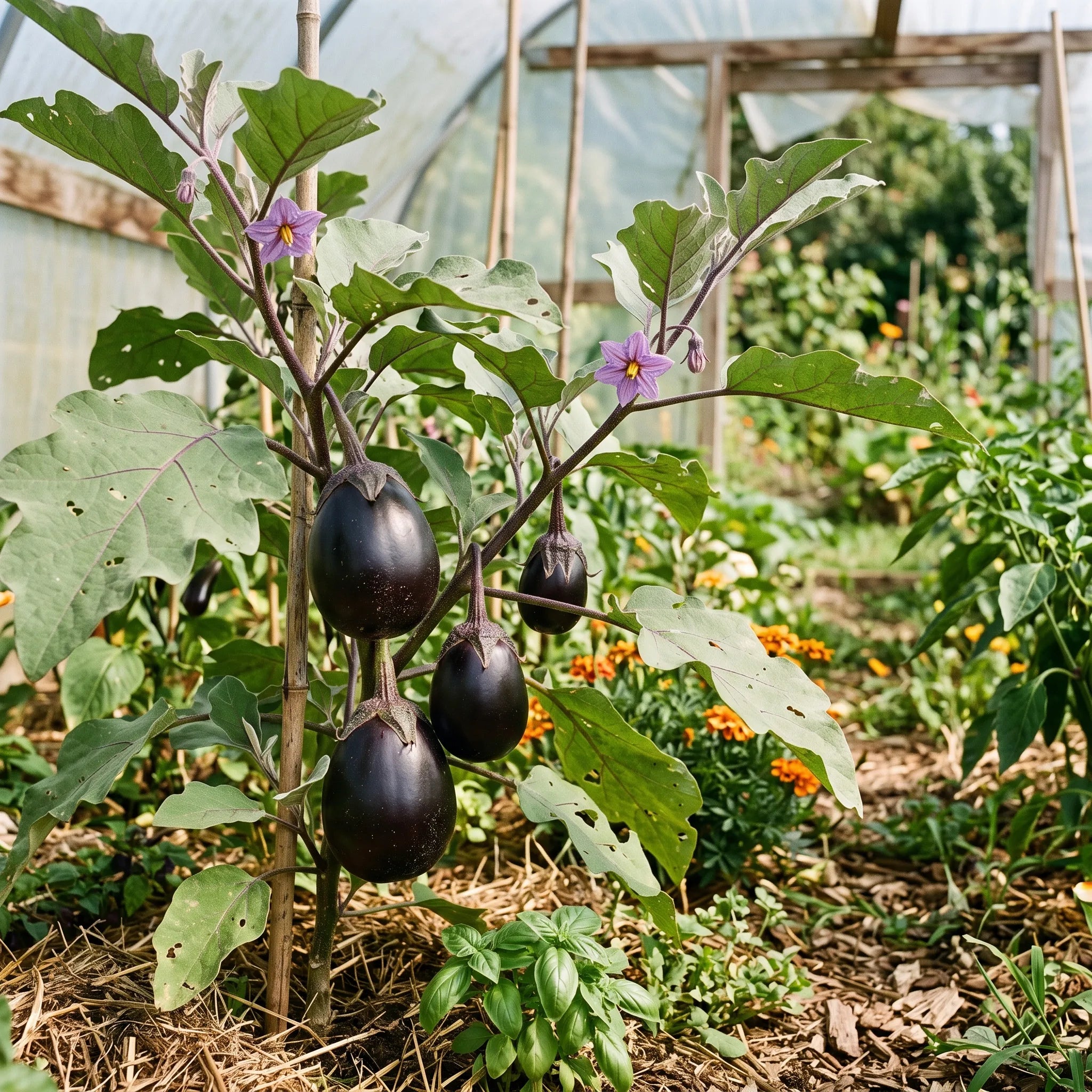 Pied d'aubergine Black Beauty chargé de fruits violets sous serre — SemiSauvage