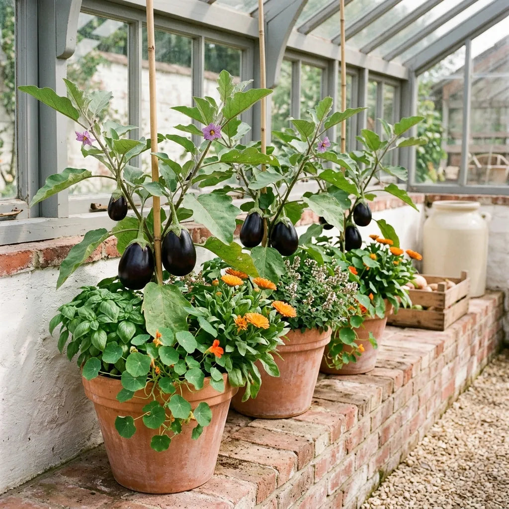 Aubergines Black Beauty en pots de terre cuite sur une banquette de briques — SemiSauvage